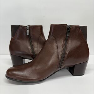 Ecco Brown Leather Side Zip Ankle Bootie Gore Stretch Back Women’s  US10/10.5